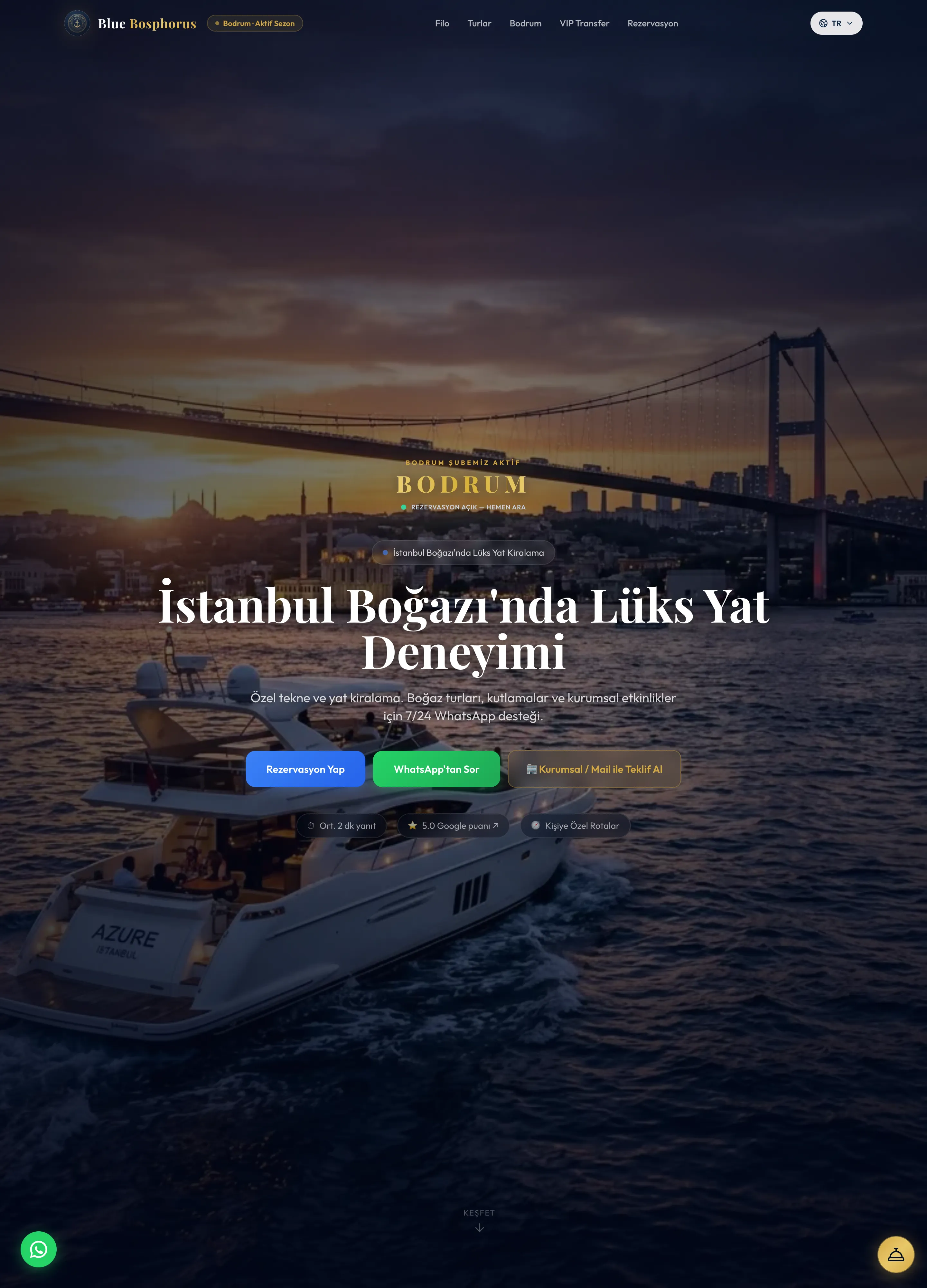 Blue Bosphorus yacht charter website by Aperlai Studio — desktop view