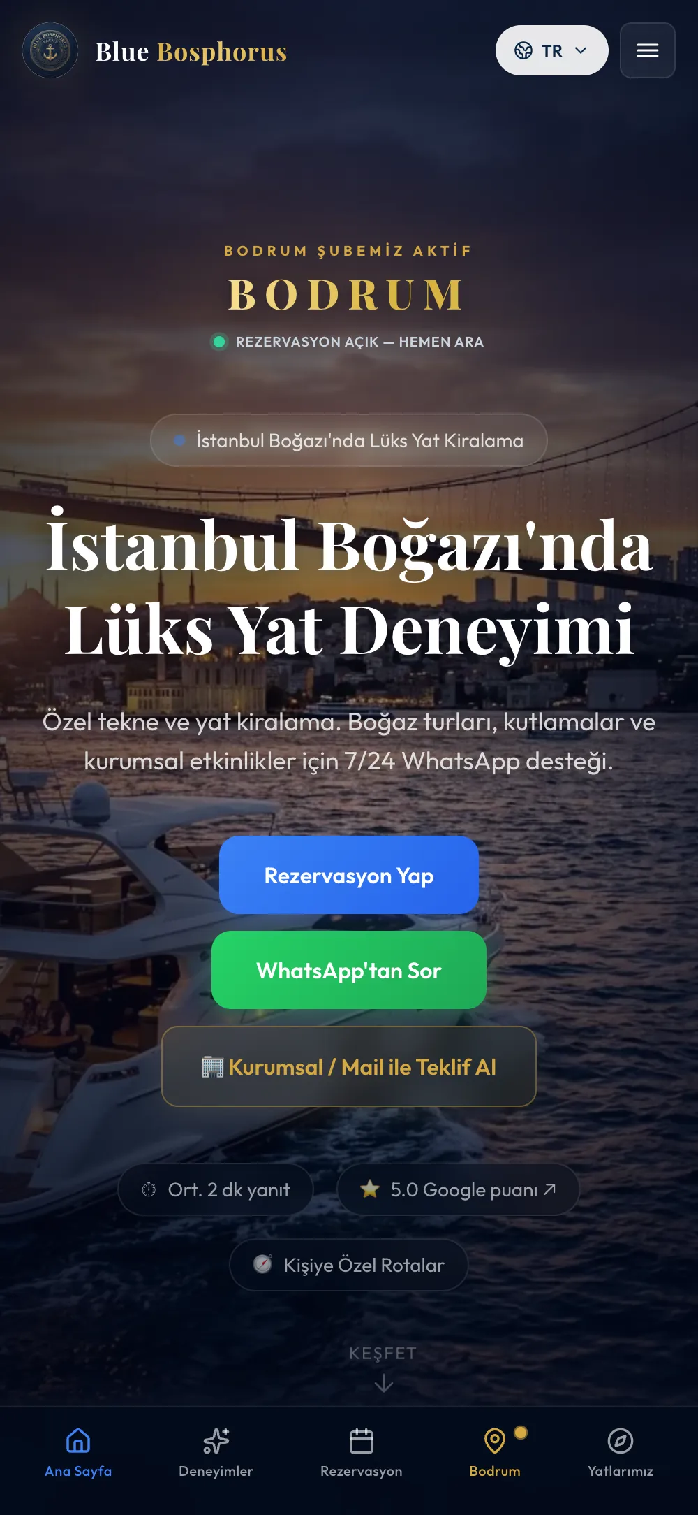 Blue Bosphorus website — mobile view with WhatsApp booking buttons