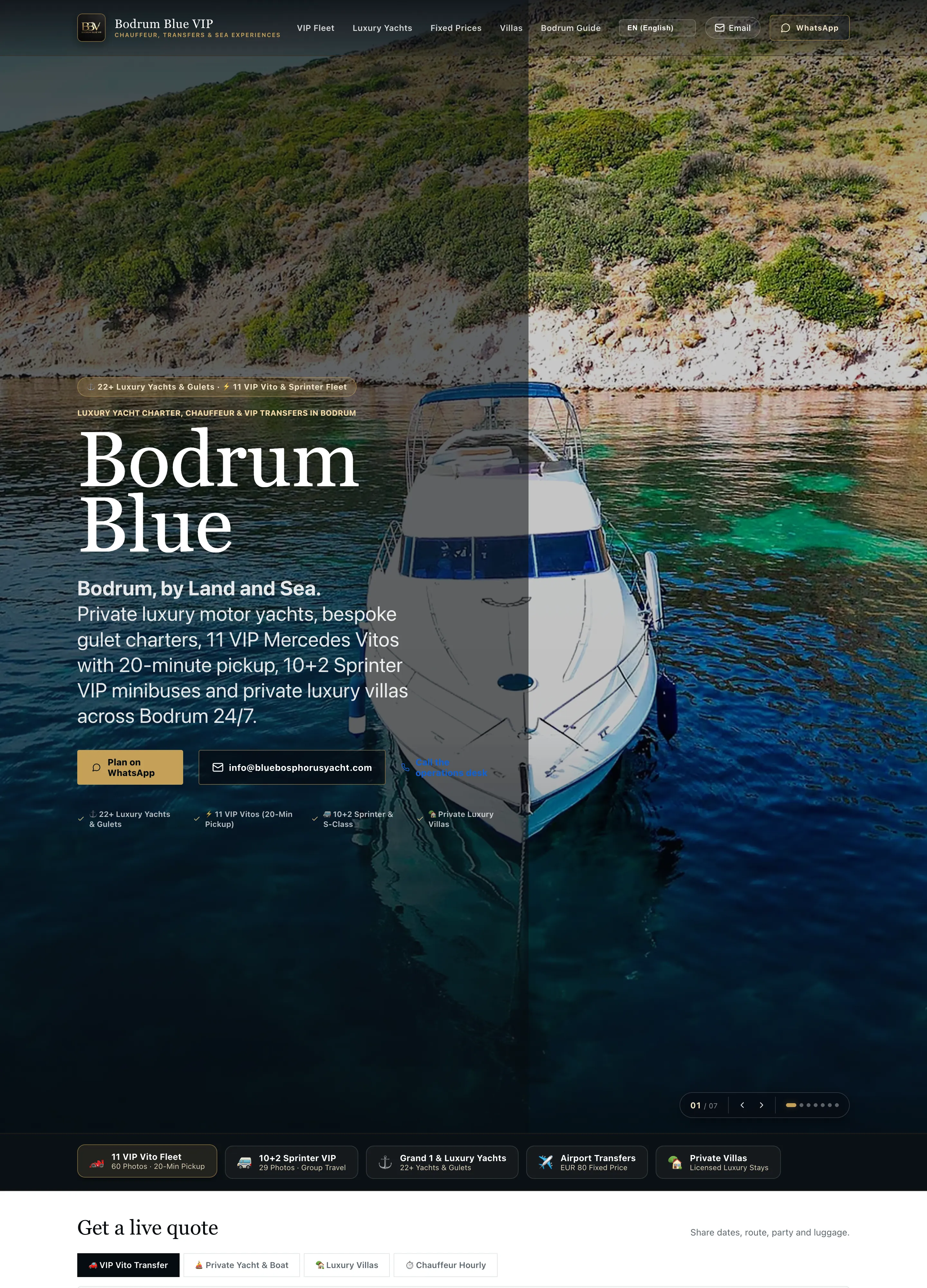Bodrum Blue VIP chauffeur and yacht charter website by Aperlai Studio — desktop view
