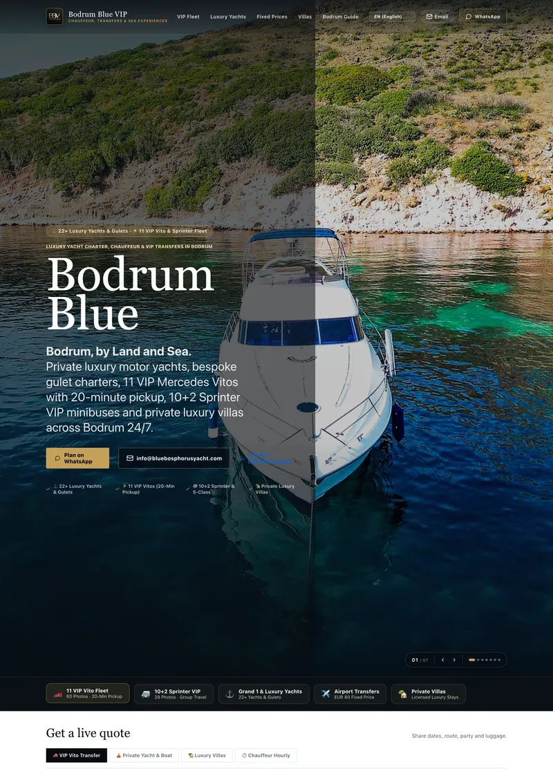 Bodrum Blue VIP transfer ve yat kiralama web sitesinin masaüstü görünümü