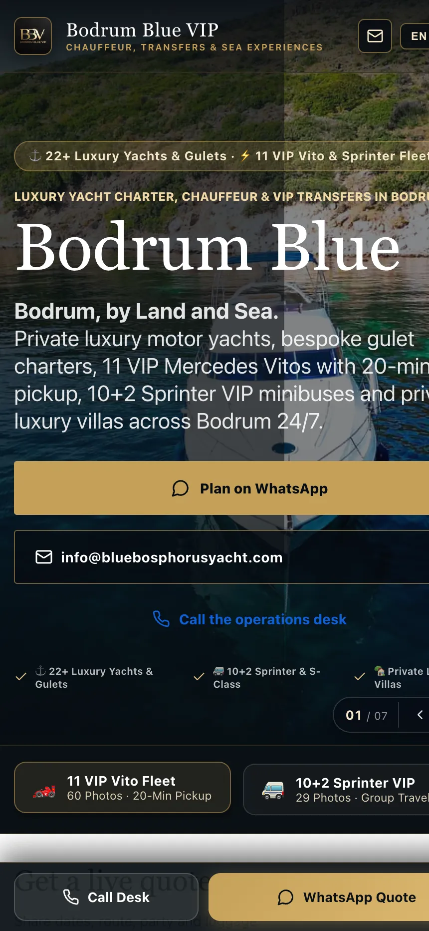 Bodrum Blue VIP website — mobile view