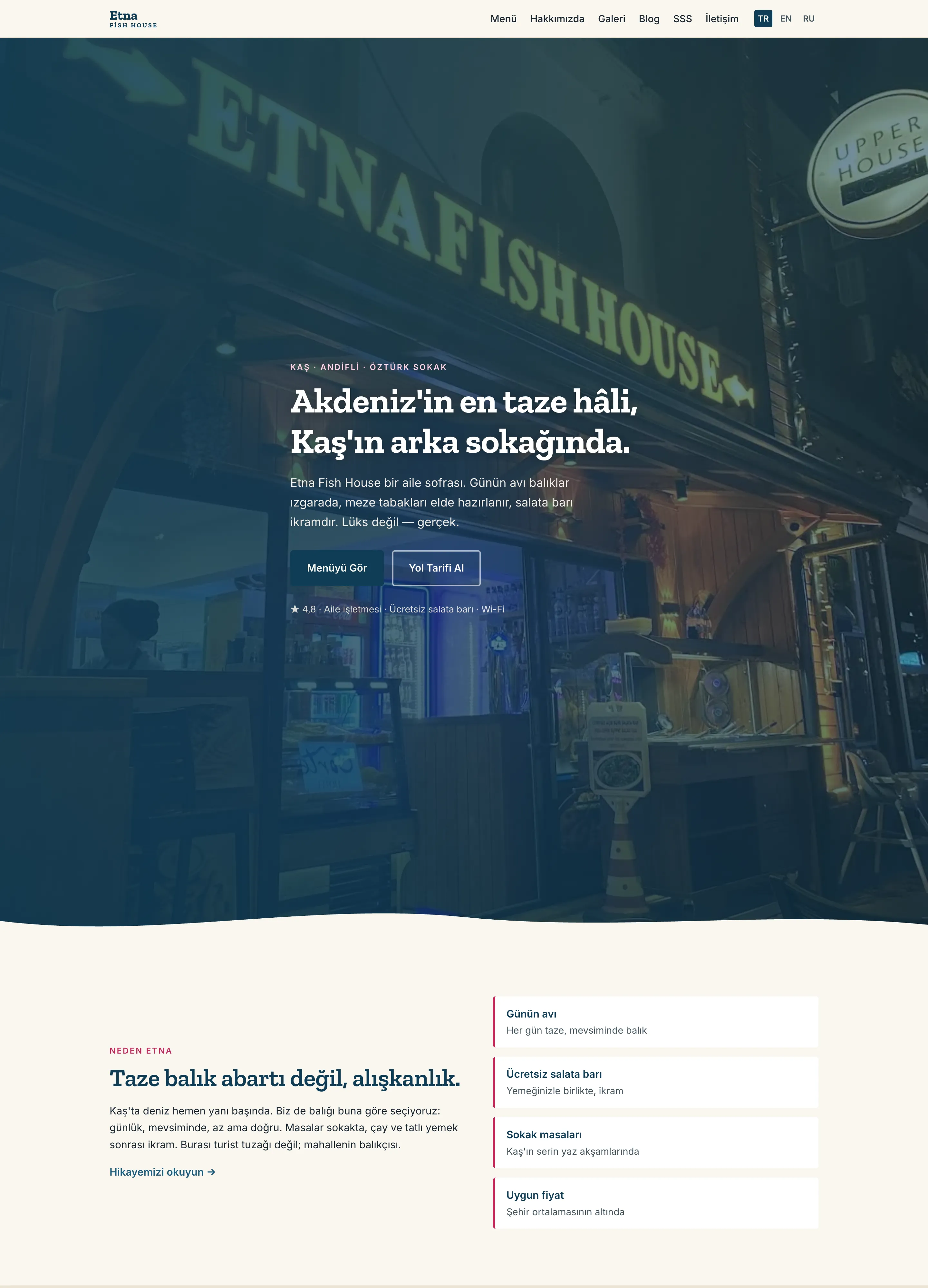 Etna Fish House website by Aperlai Studio — desktop view