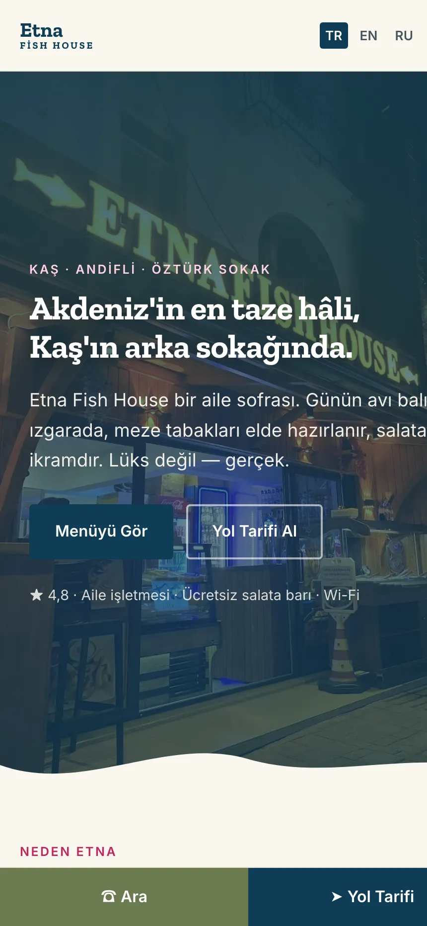 Etna Fish House website — mobile view