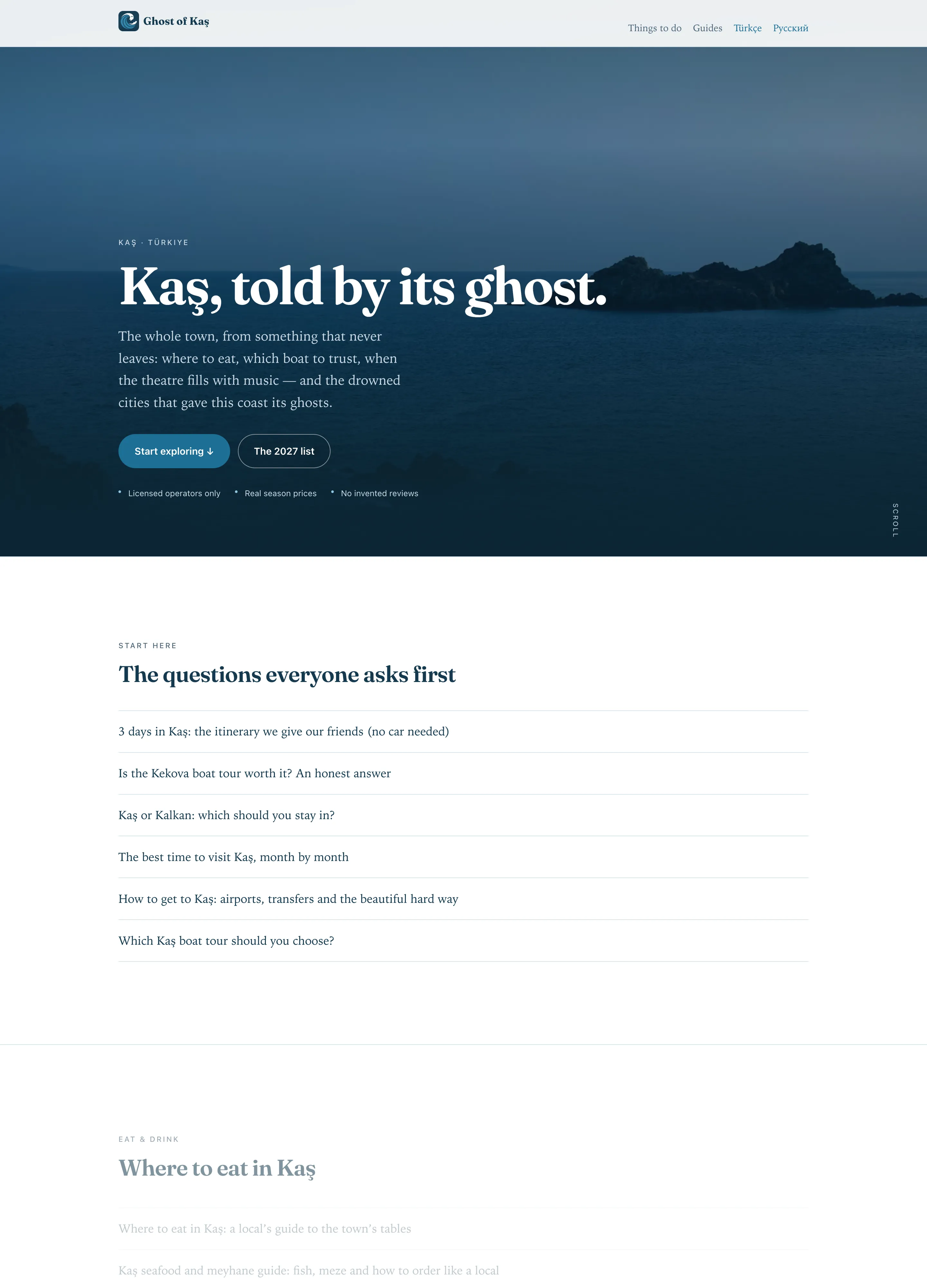 Ghost of Kaş website — Aperlai Studio’s own tour brand, desktop view