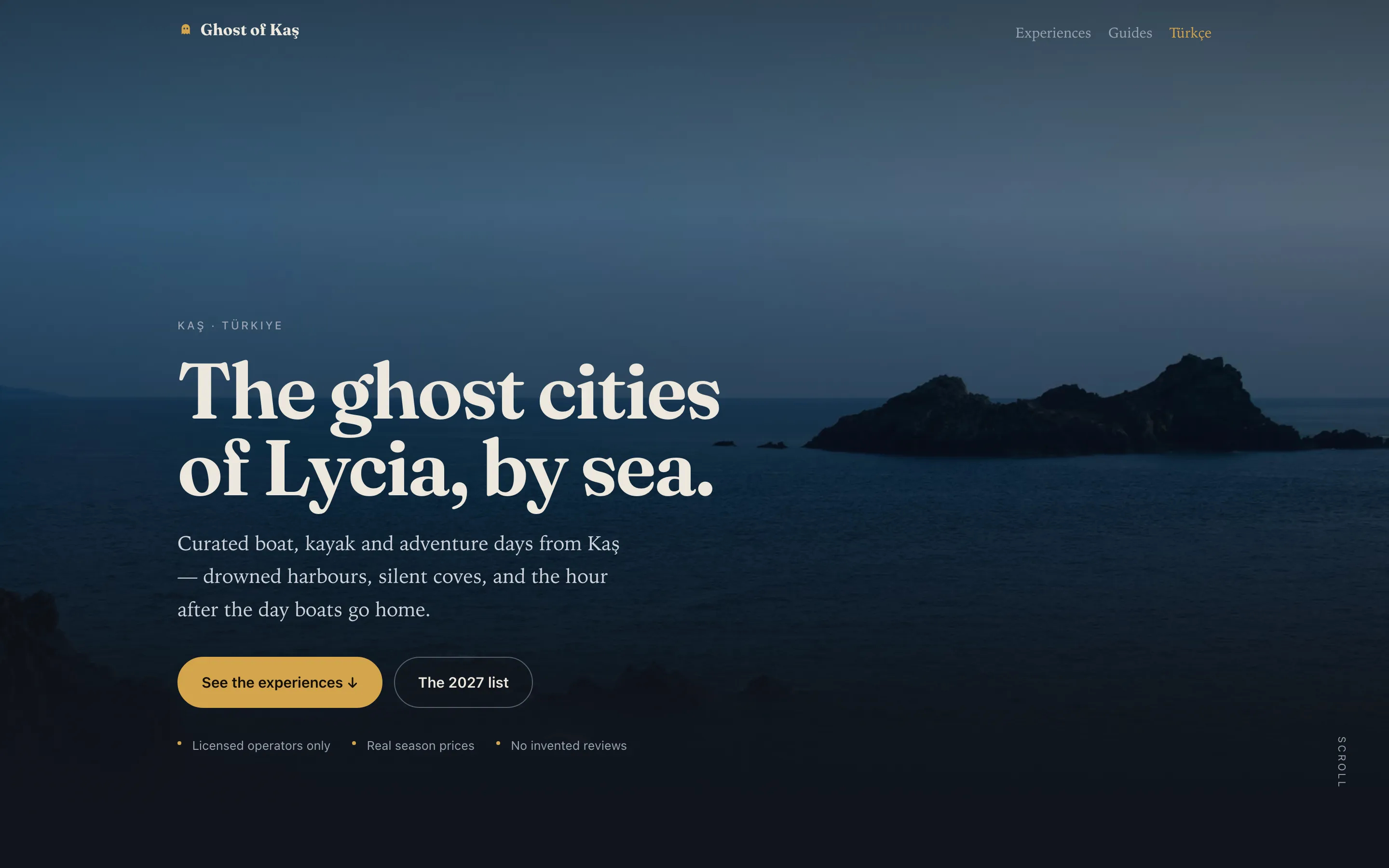 Ghost of Kaş web sitesi — Aperlai Studio’nun kendi tur markası, masaüstü görünüm