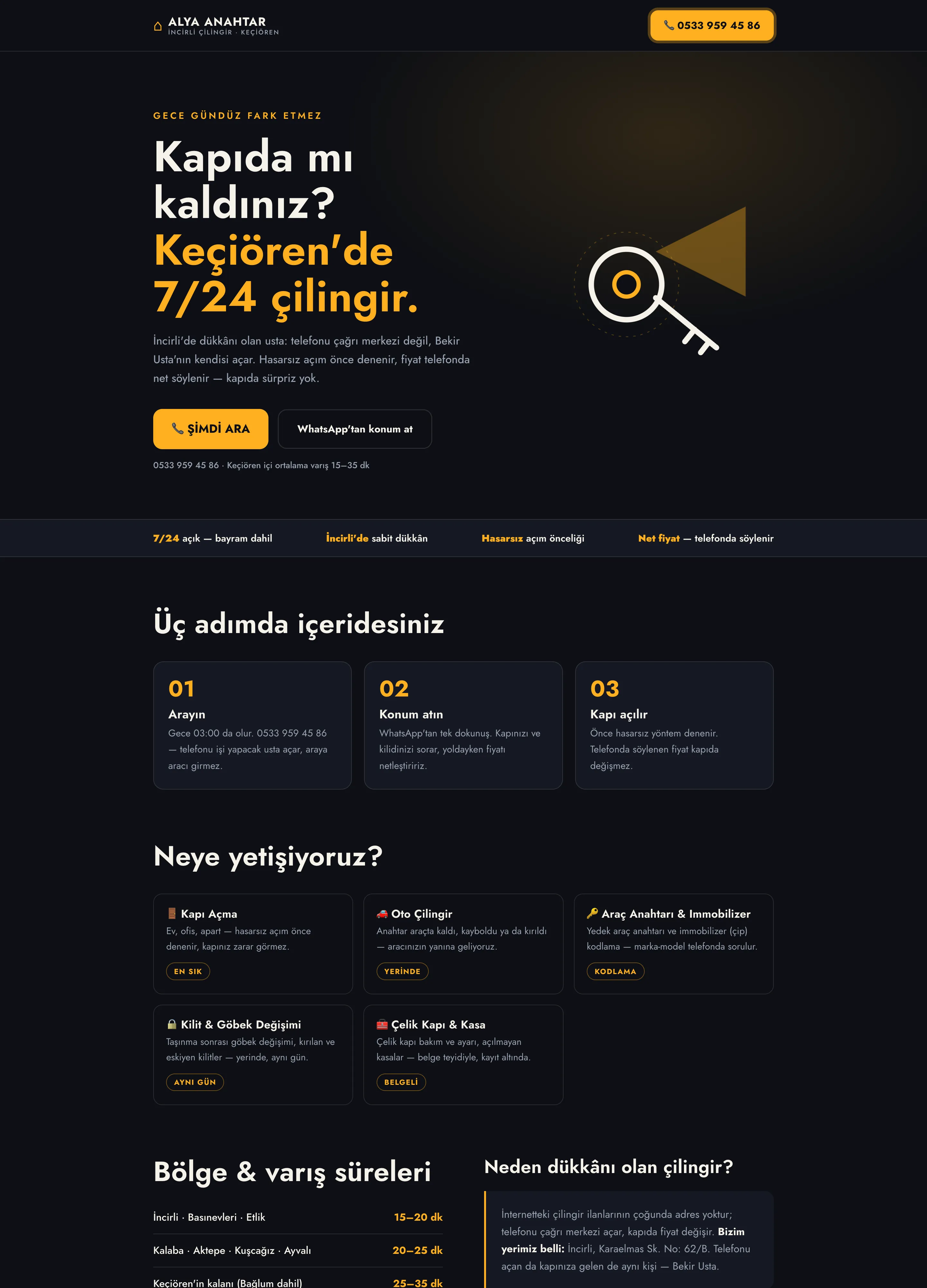İncirli Çilingir locksmith website by Aperlai Studio — night-themed desktop view