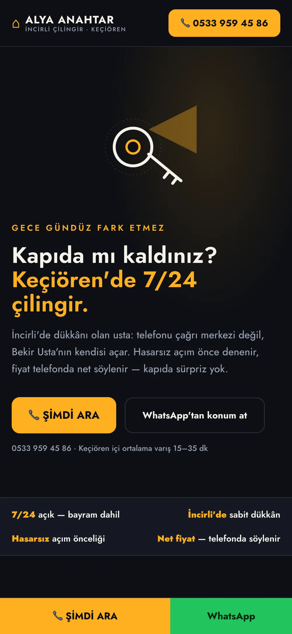 İncirli Çilingir website — mobile view with tap-to-call bar